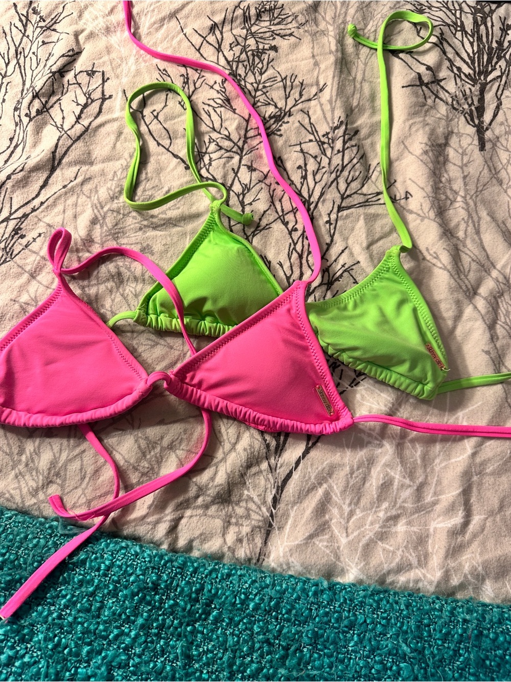 Two Skinnydip Neon Pink & Lime Triangle Swim Tops